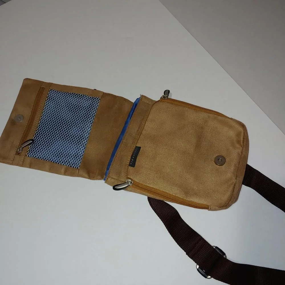 Travelon Crossbody Sling Bag Organizer Anti Theft Faux Suede Brown
